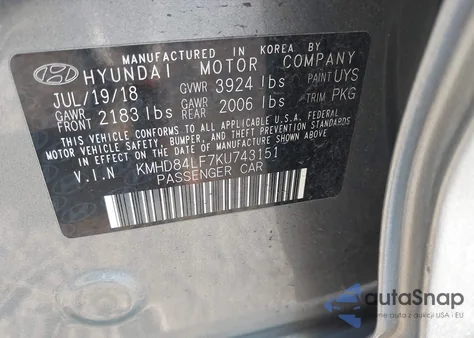 2019 Hyundai Elantra Sel z USA, uszkodzony, nr VIN KMHD84LF7KU743151